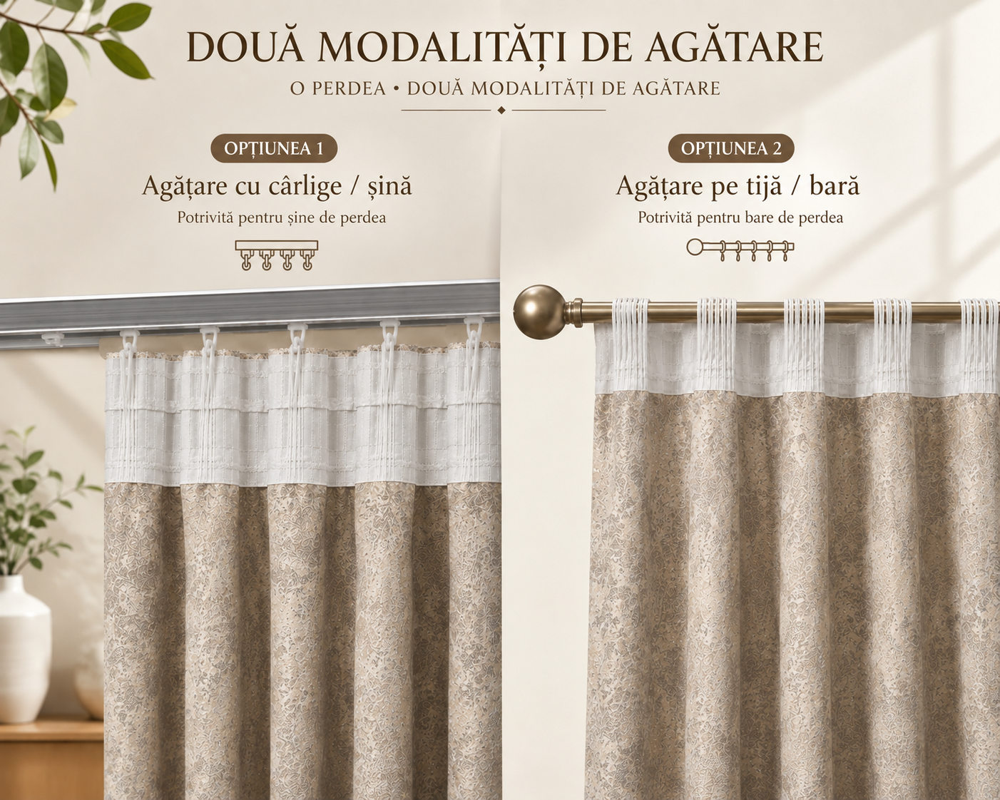 Draperii din Venti Bej, gata cusute, 3 m × 2,60 m – 2 bucăți, rejansă 2 în 1